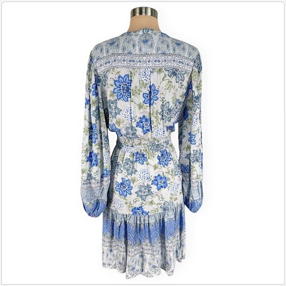 Lucky Brand Blue Floral Pattern Elastic Waist Long Sleeve Bohemian Dress NWT L - Picture 6 of 7